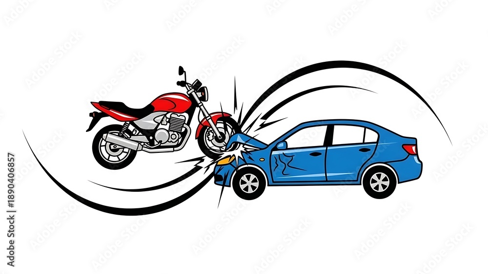 Naklejka premium Motorcycle and car crash in dramatic collision scene