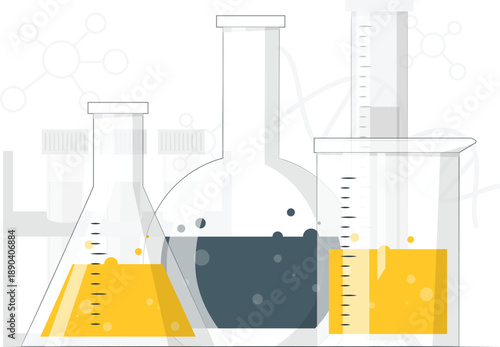 Science lab equipment with beakers and flasks, Flat design illustration of various laboratory glassware including beakers, flasks, and graduated cylinders filled with liquids.