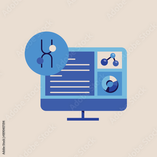 Bioinformatics Vector Illustration of Computer Monitor Genetic Data Analysis, DNA Sequencing Research, Biotech Dashboard with Molecule Chart and Pie Graph for Science Lab Software