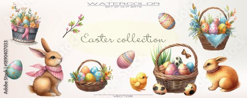 Easter watercolor vector set with rabbits, flowers, and colorful eggs