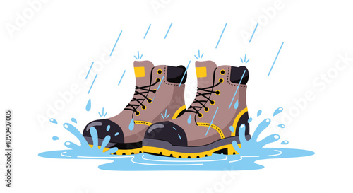 Heavy duty work boots splashing in a water puddle during rain. Durable waterproof footwear for industrial use.