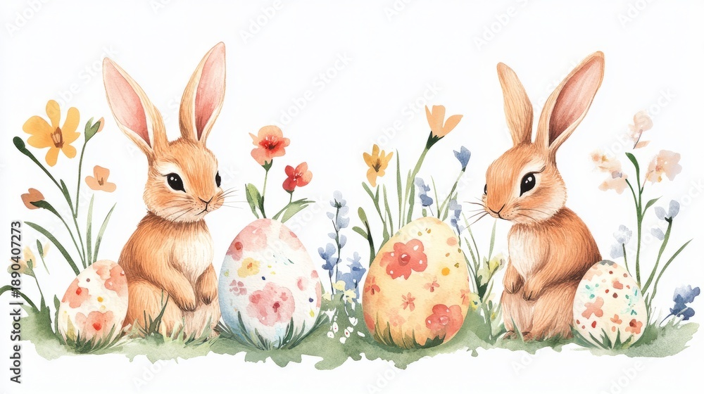 Fototapeta premium Adorable easter bunnies sitting next to a decorated egg, creating a charming easter scene
