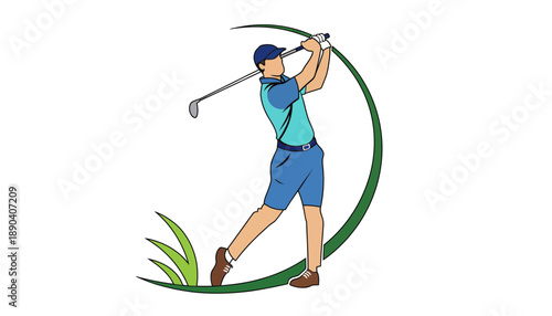 A golfer in a blue outfit swings his club in a golf course