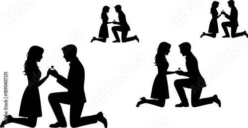 PrintSet of romantic couple silhouettes showing a man kneeling to propose with a ring to his girlfriend for wedding engagement and marriage concepts.