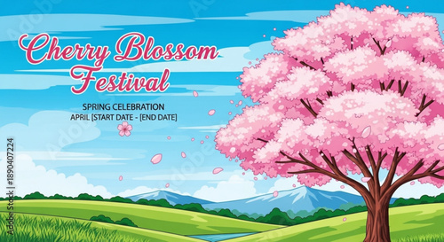 Vibrant cherry blossom tree in blooming green field landscape