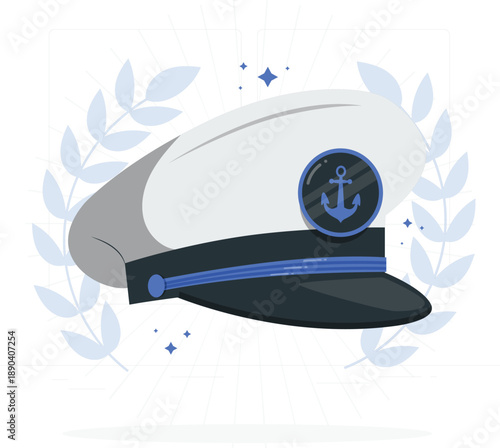 Navy captain hat with anchor emblem and laurel wreath. A flat design illustration of a navy captain's hat featuring a prominent anchor emblem and surrounded by a laurel wreath, perfect for nautical an