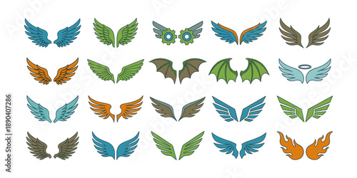 Different types of wings icons vector set