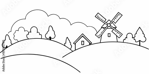 Simple line drawing of a rural landscape with a windmill and house