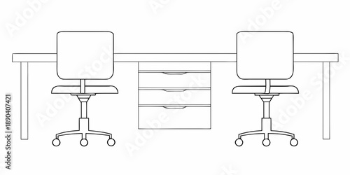 Simple line drawing of two office chairs facing a desk with drawers