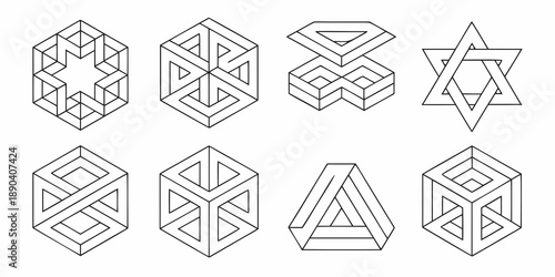 Optical illusions featuring geometric shapes and impossible constructions