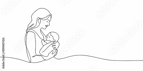 A mother gently holds her newborn baby in a continuous line drawing