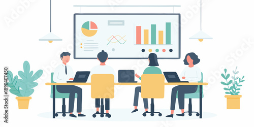 Business meeting with presentation and team working on laptops