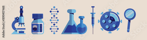 Scientific Laboratory Vector Icon Set. DNA Helix, Medicine Bottle, Flasks, Syringe, Virus Cell, and Magnifying Glass for Medical Research, Biotechnology, and Healthcare Design Concepts