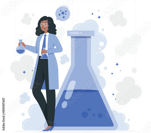 Scientist conducting experiment with beaker and flask. A vector illustration of a scientist in a lab coat holding a beaker next to a large flask, surrounded by scientific elements.