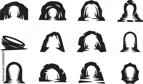 Cave Entrances and Arches Icons Set opening illustration