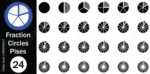Fraction circle icons. Circle divided into parts from 1 to 24. Fraction pie divided into pieces. Pie part or pizza slice. Black round chart for infographic, vector illustration.