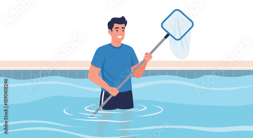 Professional pool maintenance worker cleaning blue water with a skimmer net under bright summer daylight.