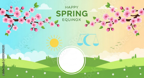Spring equinox celebration with cherry blossoms and scales