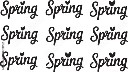 Black spring text with heart accents on white background lettering calligraphy