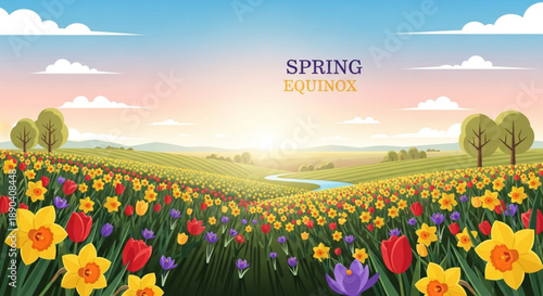 Vibrant spring flowers field at sunrise with colorful tulips and daffodils