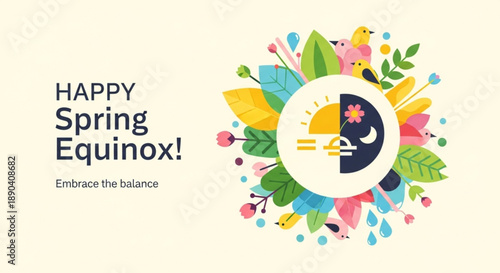 Vibrant spring equinox illustration with floral wreath and balance concept