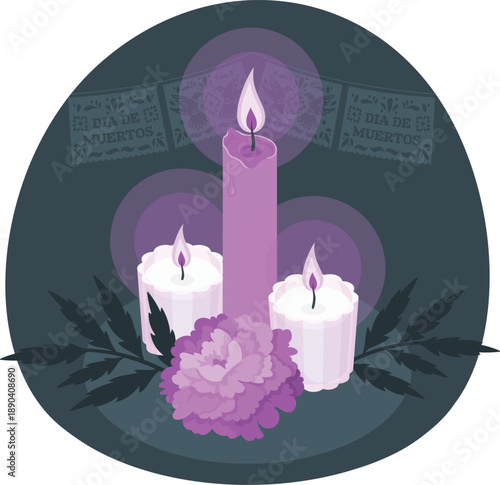 Elegant dia de los muertos candle illustration with purple flowers,A flat design vector illustration featuring three lit candles in a Dia de los Muertos theme, surrounded by purple flowers and decorat