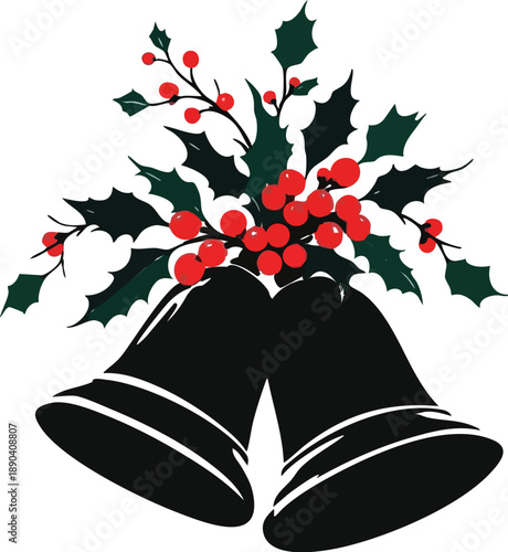 Christmas Bells Silhouette Vector – Black Festive Illustration with Holly Leaves and Red Berries for Holiday Decor and Seasonal Designs