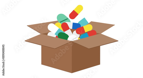 Cardboard box overflowing with colorful pills and capsules, representing healthcare and medication.