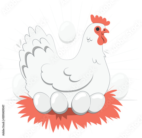 Charming hen sitting on nest with eggs,A delightful illustration of a hen sitting on a nest filled with eggs, featuring a flat design style. Ideal for farm-themed projects, children's book illustratio