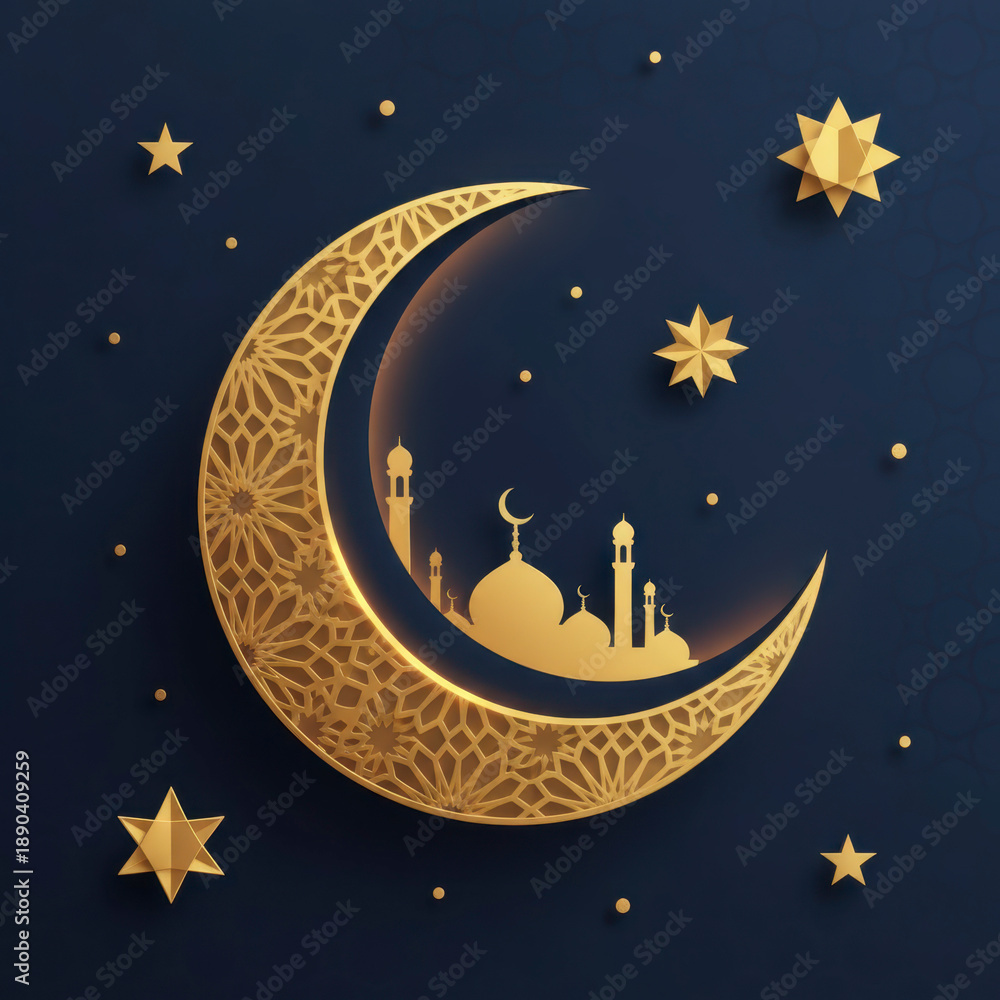 Naklejka premium Ornate golden crescent moon with geometric patterns and mosque silhouette on dark background. Artistic Islamic design for Ramadan Kareem and Eid Mubarak festive decorations.
