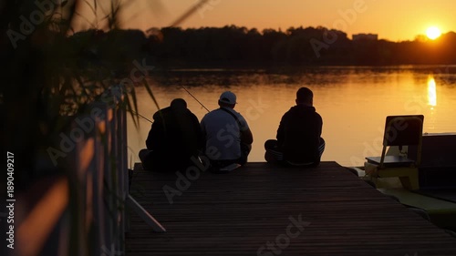 Wallpaper Mural Group of friends fishing while sitting on the pier. Fishing concept. Torontodigital.ca