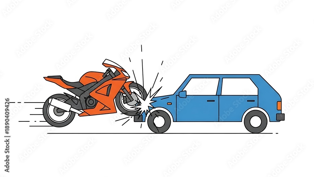 Naklejka premium Motorcycle crashes into blue car in dramatic collision scene