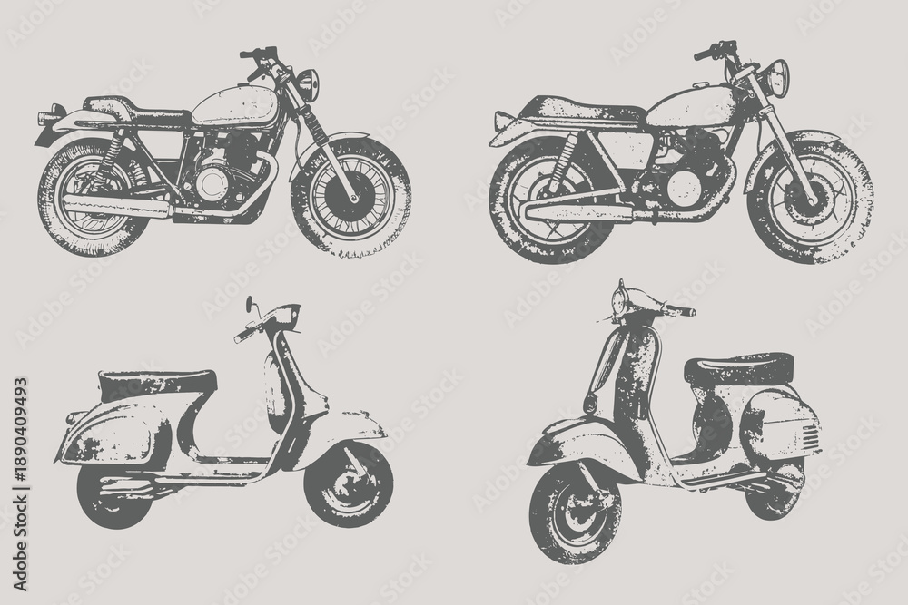 Fototapeta premium Bike and scooter bike set in y2k collage design style illustration. Halftone stipple effect bike for creative design. Brutalist noisy retro photocopy background. Eps 10