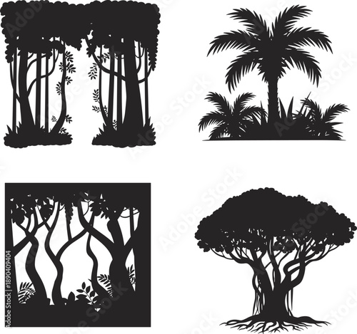 Set of Tropical Jungle Nature Silhouettes Featuring Exotic Palm Trees Mangroves Rainforest Foliage and Banyan Tree Outlines for Vector Graphic Design and Environmental Illustrations