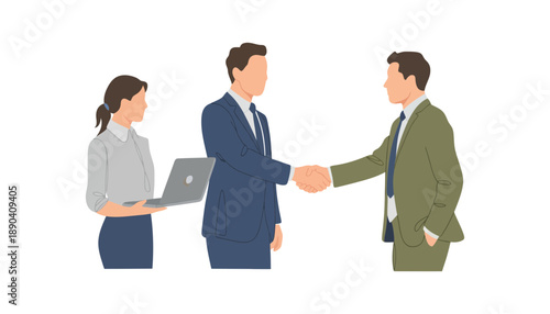 Two businessmen shaking hands with a woman holding a laptop nearby