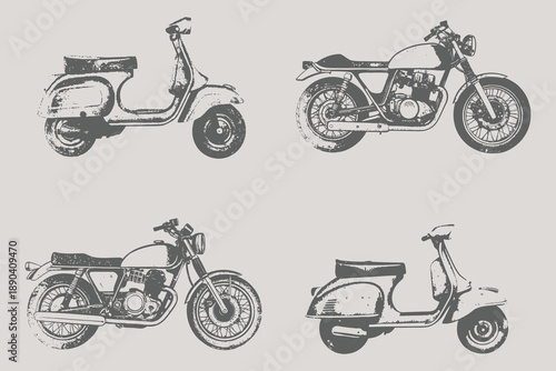 Bike and scooter bike set in y2k collage design style illustration. Halftone stipple effect bike for creative design. Brutalist noisy retro photocopy background. Eps 10