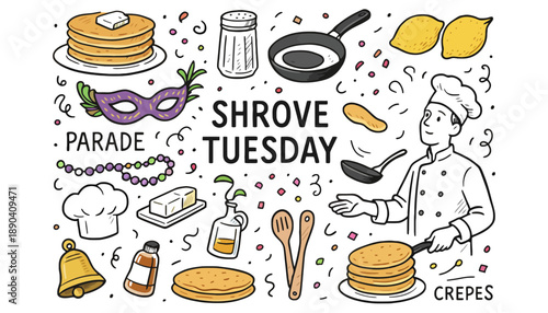 A colorful illustration celebrating Shrove Tuesday with food and festivities