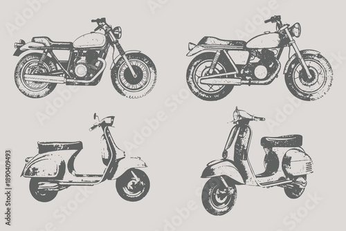 Bike and scooter bike set in y2k collage design style illustration. Halftone stipple effect bike for creative design. Brutalist noisy retro photocopy background. Eps 10