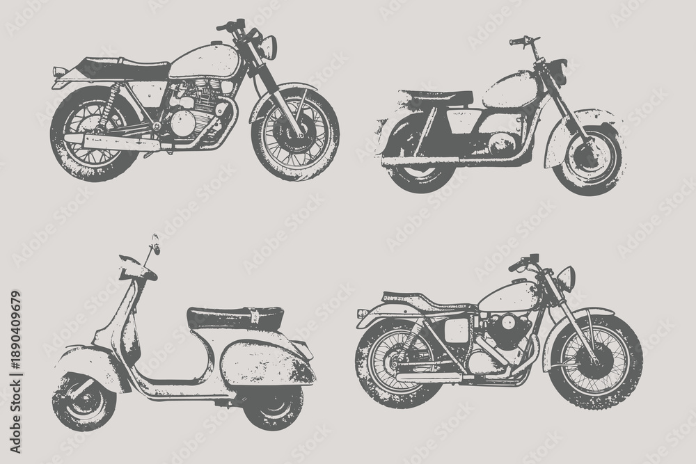 Fototapeta premium Halftone stipple effect style Bike and scooter bike set vector illustration. photocopy effect and grunge stippling texture. Y2K collage design for posters and t-shirts. Eps 10