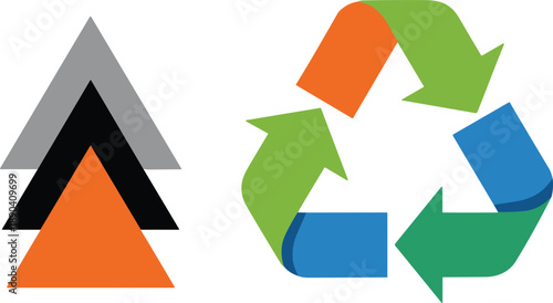 Recycling arrows and stacked triangle icons representing sustainability reuse process and growth flat vector illustration modern design