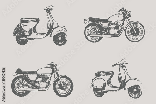 Bike and scooter bike vector in Halftone stipple effect style collection. grunge punk y2k collage design, Brutalist noisy retro photocopy background illustration. Eps 10