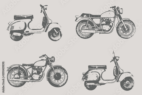 Bike and scooter bike vector in Halftone stipple effect style collection. grunge punk y2k collage design, Brutalist noisy retro photocopy background illustration. Eps 10
