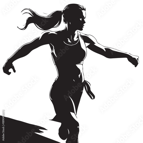 Black and white silhouette illustration of a strong female athlete with her hair in a ponytail running with arms outstretched against a light gray background