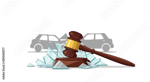 Legal justice gavel resting on shattered glass with a blurred car accident silhouette for insurance concept.