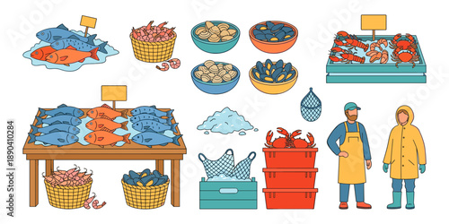 Fish and seafood market stall illustration collection