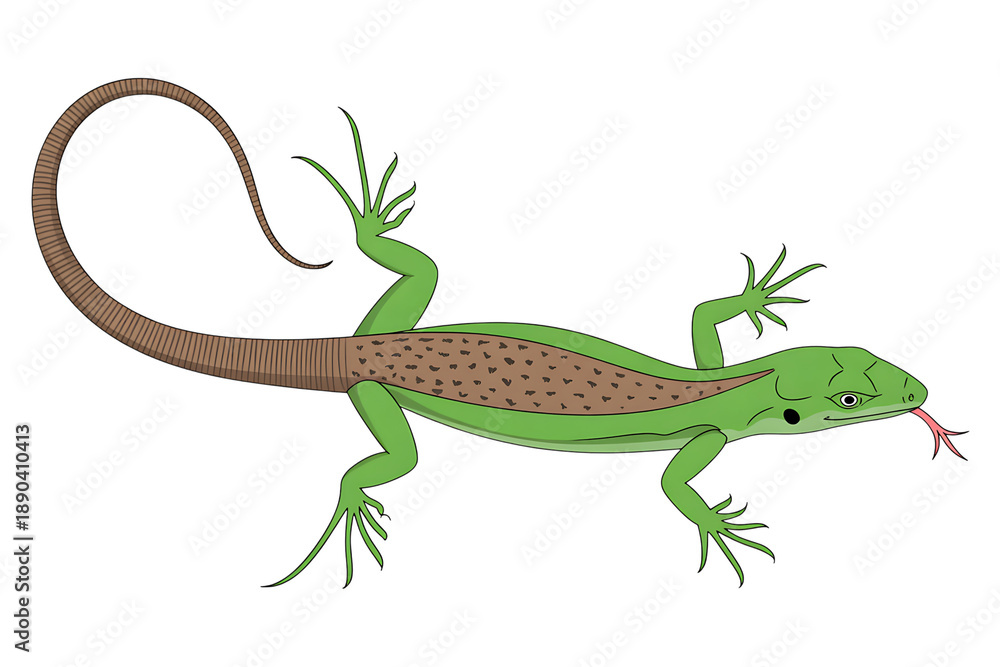 Fototapeta premium Green lizard illustration with tongue