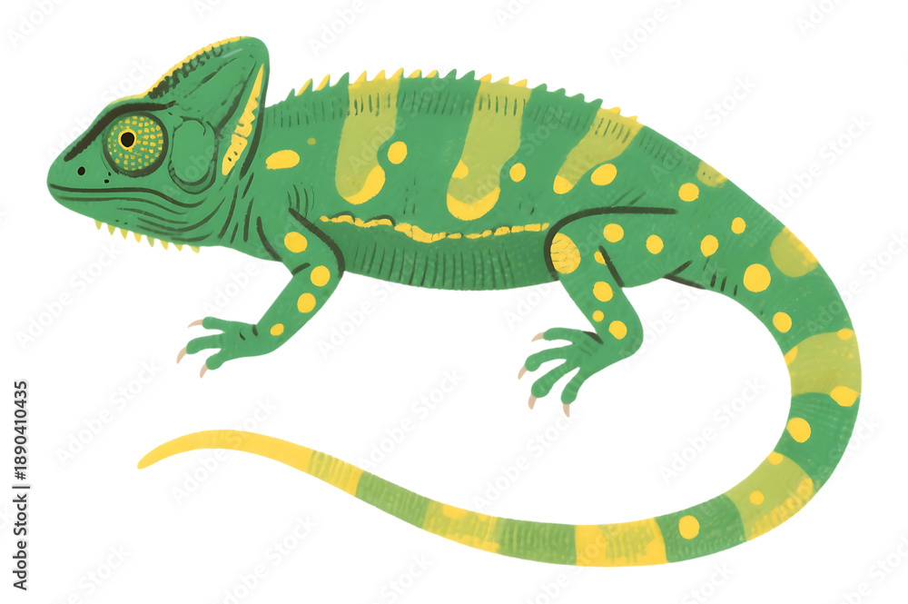 Fototapeta premium Green chameleon with yellow stripes and spots illustration