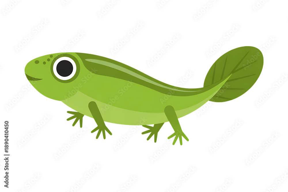Fototapeta premium Cute green tadpole with legs and leaf tail illustration