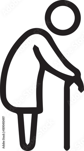 Elderly person with walking stick line icon