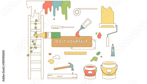 A colorful illustration of DIY tools and equipment for home improvement projects